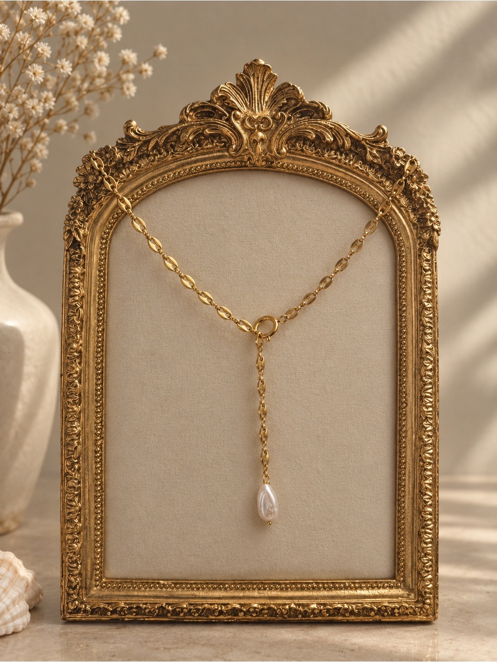 Gold Pearl Drop Y-Chain Necklace- Adjustable - Women Jewelry